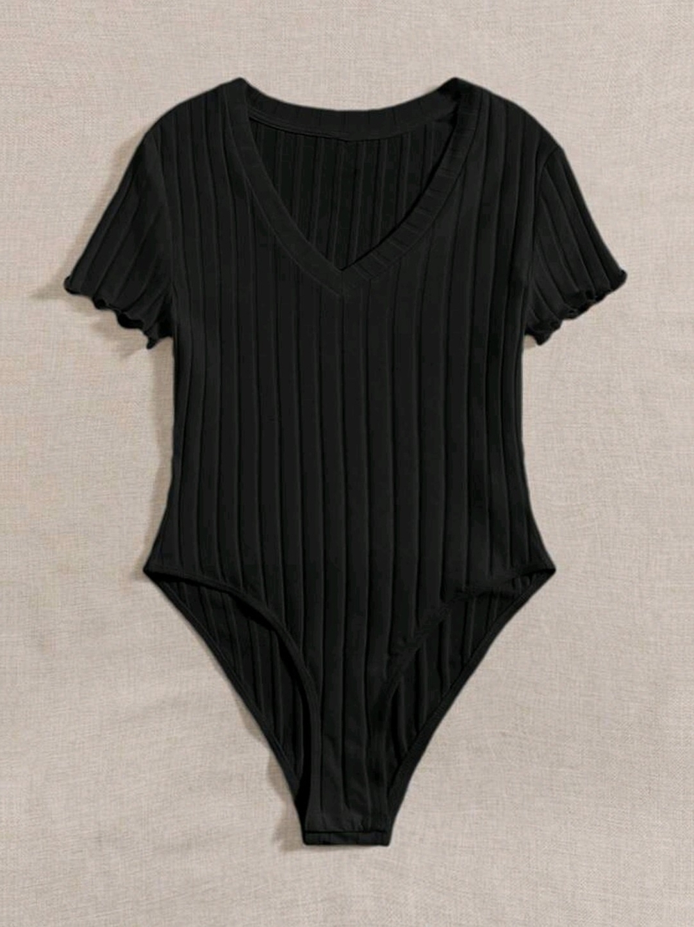 SHEIN Black Ribbed V-Neck Short Sleeve Bodysuit